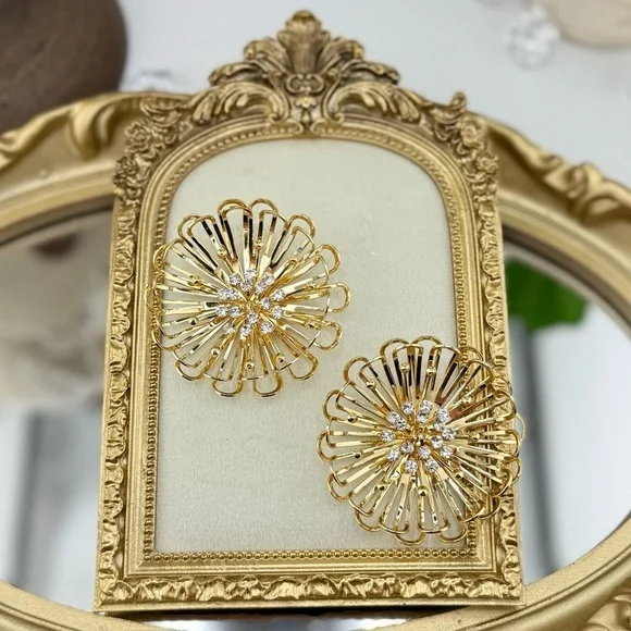 Statement Gold Flower Earrings with Cubic Zirconia – Bold Bloom Design - Picture 3 of 10